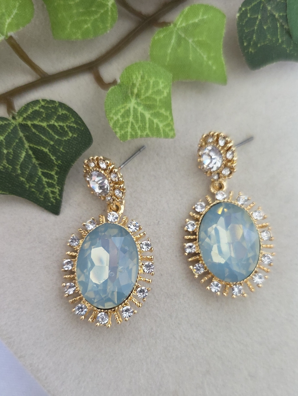 Gold Tone & Powder Blue Oval Rhinestone Halo Drop Earrings